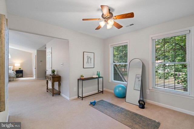 12800 Pickett Ct, Spotsylvania, VA 22551 - workout area with light colored carpet and ceiling fan