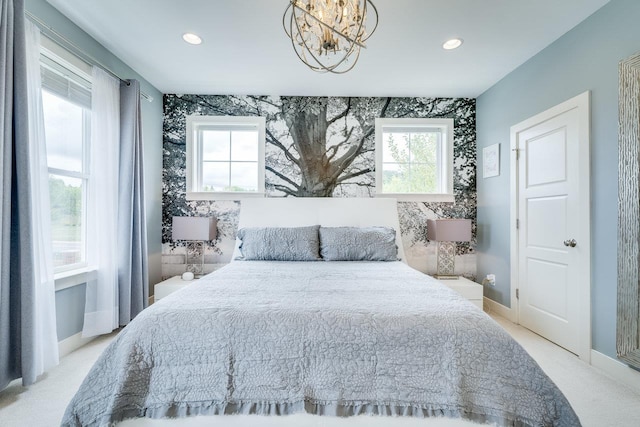 3436 Charleston Blvd, Rockingham, VA 22801 - bedroom with an inviting chandelier, baseboards, carpet floors, and recessed lighting