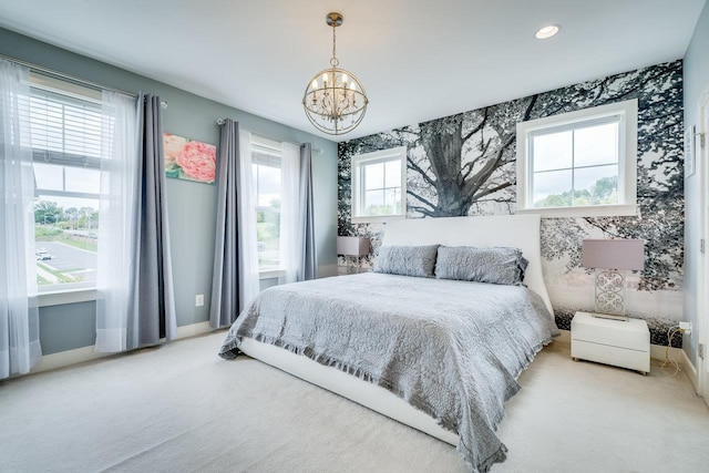 3436 Charleston Blvd, Rockingham, VA 22801 - bedroom with recessed lighting, light carpet, baseboards, and a notable chandelier