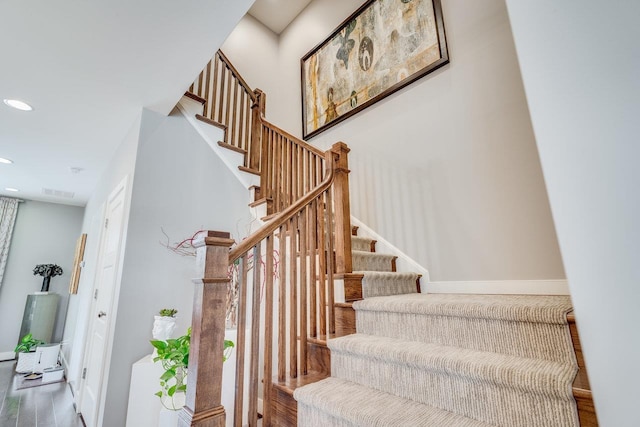 3436 Charleston Blvd, Rockingham, VA 22801 - stairway featuring baseboards, visible vents, recessed lighting, and wood finished floors