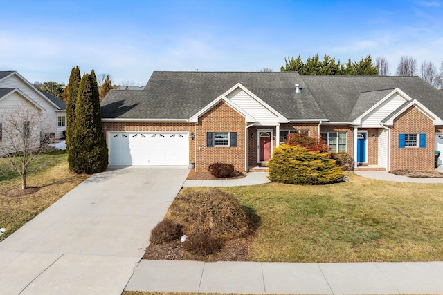 43 Greenview Ln, New Market, VA 22844 - ranch-style home featuring concrete driveway, a front yard, brick siding, and a garage