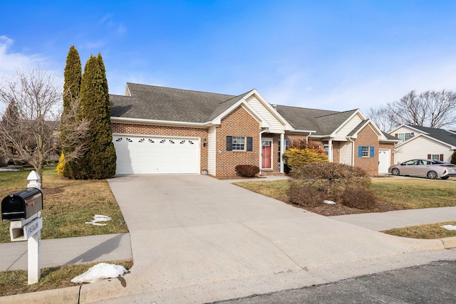 43 Greenview Ln, New Market, VA 22844 - ranch-style home with driveway, brick siding, a garage, a shingled roof, and a front lawn
