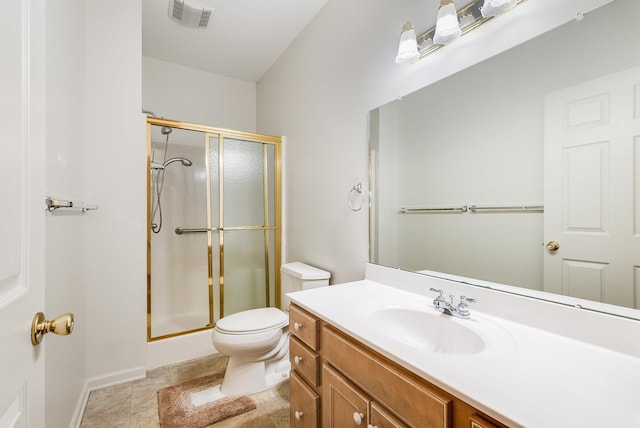 43 Greenview Ln, New Market, VA 22844 - bathroom featuring a stall shower, toilet, baseboards, visible vents, and vanity