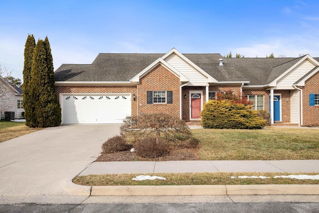 43 Greenview Ln, New Market, VA 22844 - ranch-style home with central air condition unit, a garage, brick siding, and driveway