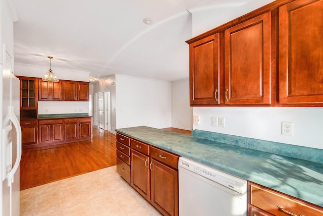 43 Greenview Ln, New Market, VA 22844 - kitchen featuring decorative light fixtures, crown molding, brown cabinetry, and white appliances