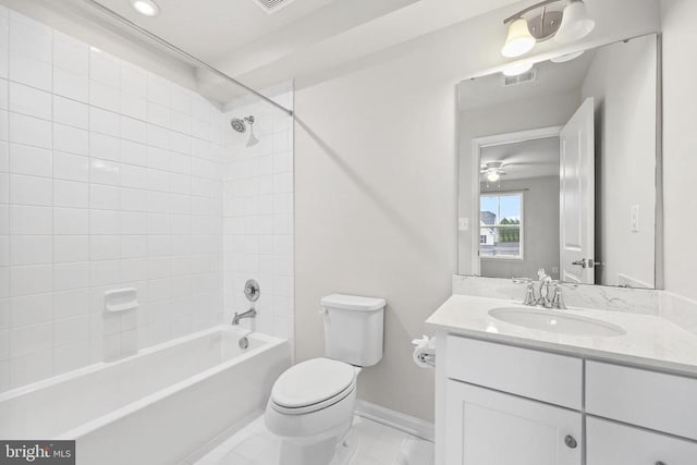 bathroom with shower / bathing tub combination, toilet, vanity, visible vents, and baseboards
