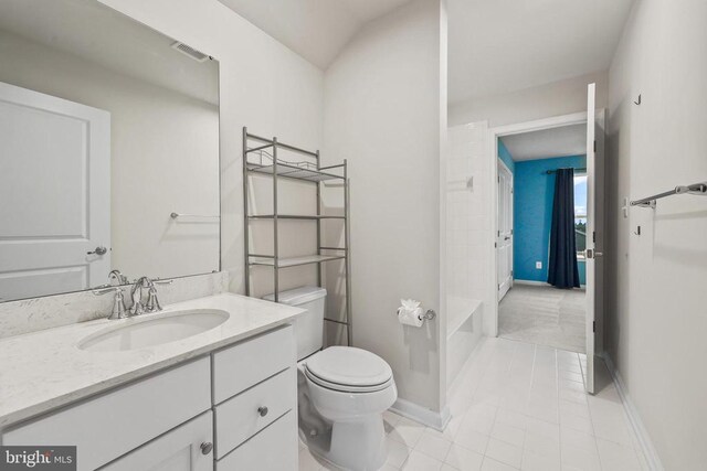 full bath with toilet, vanity, visible vents, tile patterned floors, and baseboards