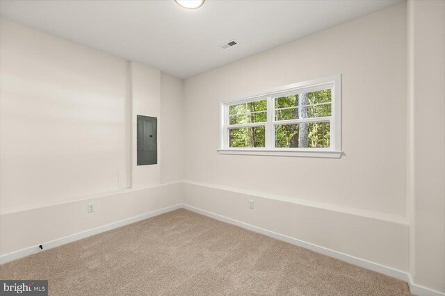 spare room featuring electric panel and carpet floors