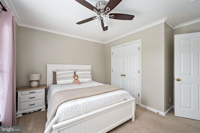5915 Copper Mountain Dr W, Spotsylvania, VA 22553 - bedroom with light colored carpet, a closet, crown molding, and a ceiling fan