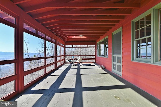 301 Mountain Top Dr, Luray, VA 22835 - unfurnished sunroom featuring beam ceiling and wood finished floors