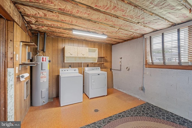 101 Deerwood Rd, Charlottesville, VA 22911 - laundry room featuring water heater, separate washer and dryer, concrete block wall, and cabinet space