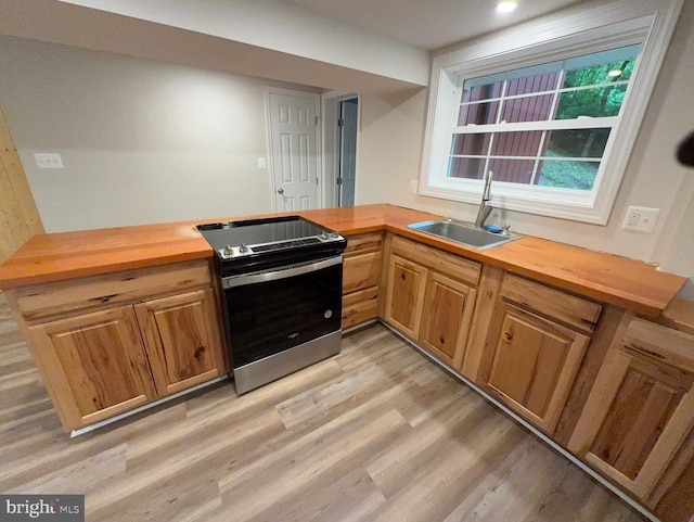  - kitchen with stainless steel electric stove, wood counters, light wood-style flooring, and a peninsula