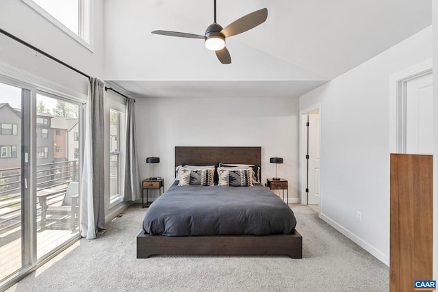 3190 Horizon Rd, Charlottesville, VA 22902 - bedroom with access to outside, carpet floors, high vaulted ceiling, baseboards, and ceiling fan