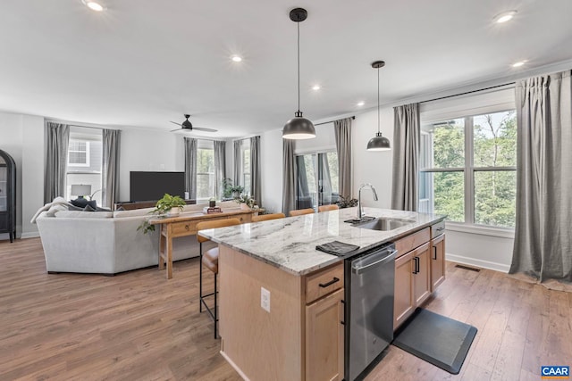 3190 Horizon Rd, Charlottesville, VA 22902 - kitchen with a sink, dishwasher, light wood-style flooring, a kitchen island with sink, and recessed lighting