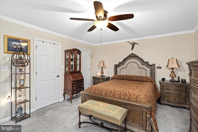 7401 Stubbs Bridge Rd, Spotsylvania, VA 22551 - bedroom with light colored carpet, crown molding, a ceiling fan, and baseboards