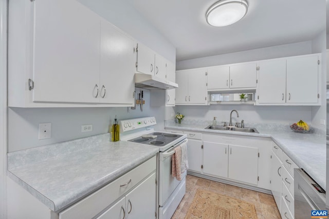 kitchen with electric stove, a sink, under cabinet range hood, white cabinetry, and light countertops
