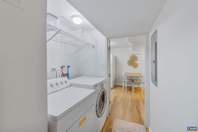 clothes washing area with separate washer and dryer, light wood-style flooring, electric panel, and baseboards