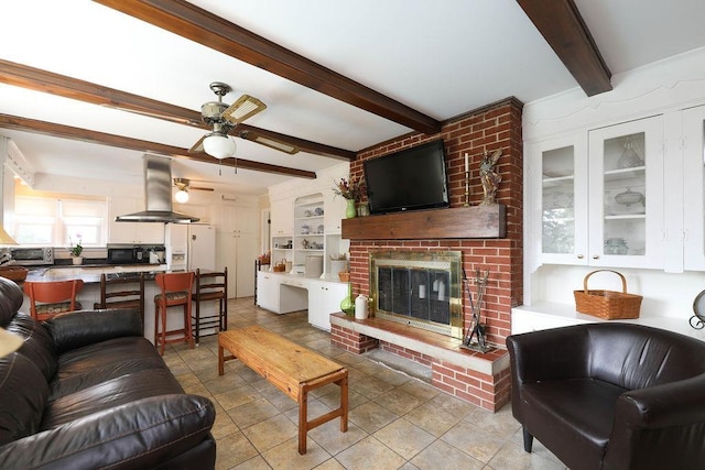 1601 Brunswick Rd, Waynesboro, VA 22980 - living area featuring beamed ceiling, ceiling fan, and a fireplace