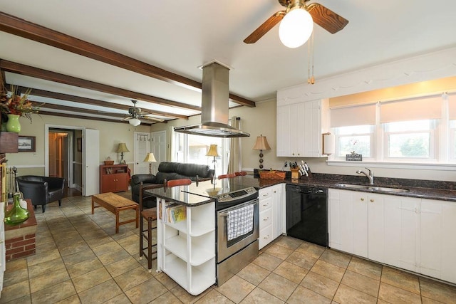 1601 Brunswick Rd, Waynesboro, VA 22980 - kitchen with dishwasher, ceiling fan, stainless steel electric stove, island range hood, and open shelves