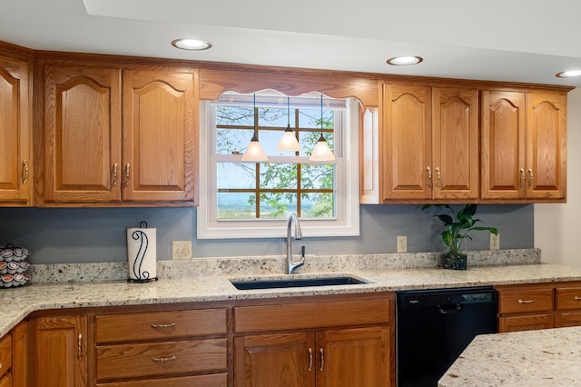 5409 Smith Creek Rd, New Market, VA 22844 - kitchen with dishwasher, light stone counters, recessed lighting, and brown cabinets