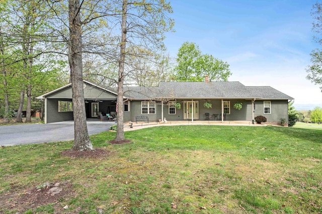 5409 Smith Creek Rd, New Market, VA 22844 - ranch-style home with driveway, a front lawn, and a chimney