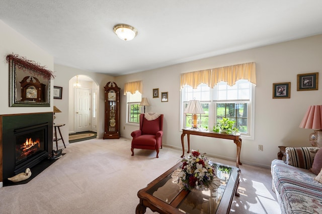 5409 Smith Creek Rd, New Market, VA 22844 - living area with arched walkways, carpet, and a fireplace with flush hearth