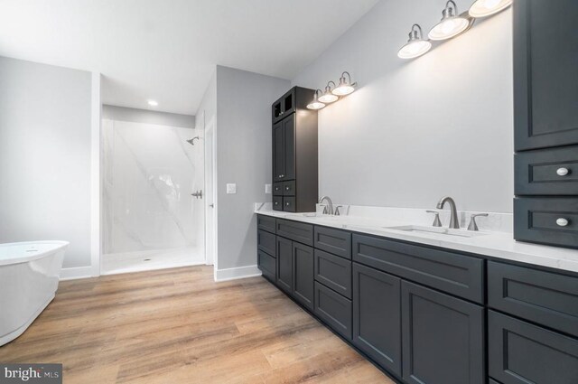 bathroom featuring walk in shower, wood finished floors, double vanity, a freestanding tub, and baseboards