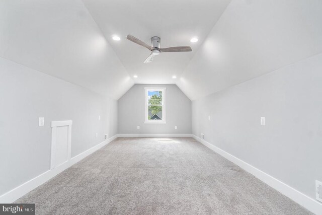 bonus room featuring a ceiling fan, vaulted ceiling, carpet floors, baseboards, and recessed lighting