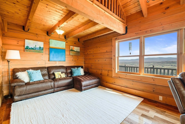 928 Melrose Rd, Rockingham, VA 22802 - living area with beam ceiling, wooden walls, wood-type flooring, and wood ceiling