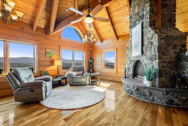 928 Melrose Rd, Rockingham, VA 22802 - living area featuring beamed ceiling, a fireplace, wood ceiling, and hardwood / wood-style flooring