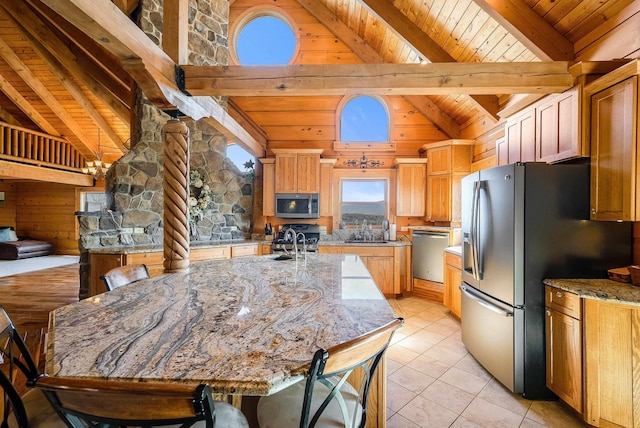 928 Melrose Rd, Rockingham, VA 22802 - kitchen featuring appliances with stainless steel finishes, wooden ceiling, light tile patterned flooring, a sink, and beam ceiling
