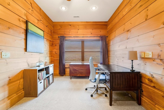 928 Melrose Rd, Rockingham, VA 22802 - office featuring light colored carpet, wooden walls, visible vents, and recessed lighting