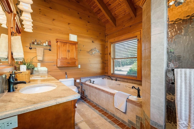 928 Melrose Rd, Rockingham, VA 22802 - bathroom with wooden ceiling, a bath, wood walls, vanity, and beamed ceiling