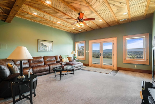 928 Melrose Rd, Rockingham, VA 22802 - carpeted living area featuring wood ceiling, french doors, a ceiling fan, visible vents, and baseboards