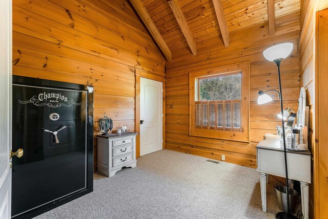 928 Melrose Rd, Rockingham, VA 22802 - interior space with wooden ceiling, wood walls, visible vents, and vaulted ceiling with beams