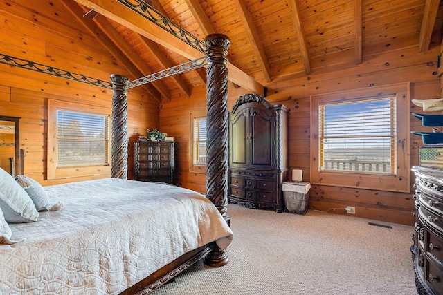 928 Melrose Rd, Rockingham, VA 22802 - carpeted bedroom featuring wood walls, vaulted ceiling with beams, visible vents, and wood ceiling