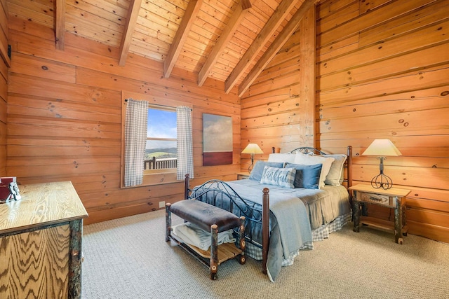 928 Melrose Rd, Rockingham, VA 22802 - bedroom with wooden ceiling, wooden walls, carpet floors, and vaulted ceiling with beams