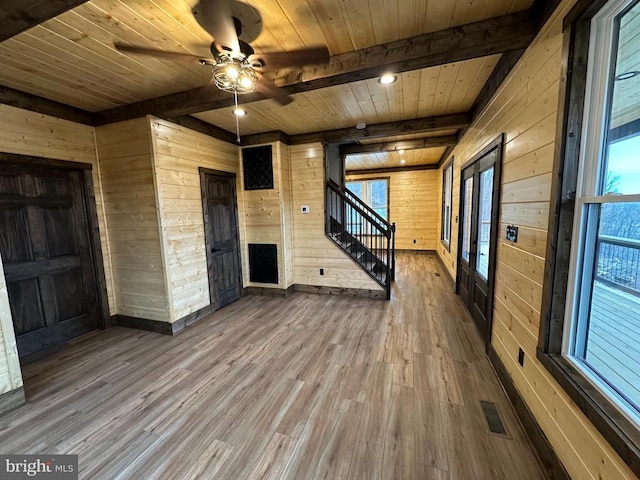 152 Susan Ln, Stanley, VA 22851 - empty room with wooden walls, wooden ceiling, beam ceiling, stairway, and wood finished floors