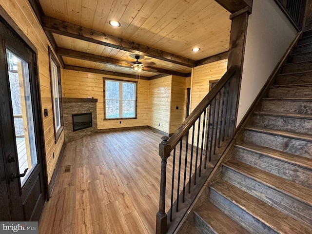 152 Susan Ln, Stanley, VA 22851 - staircase featuring wood walls, wooden ceiling, a ceiling fan, wood finished floors, and beam ceiling
