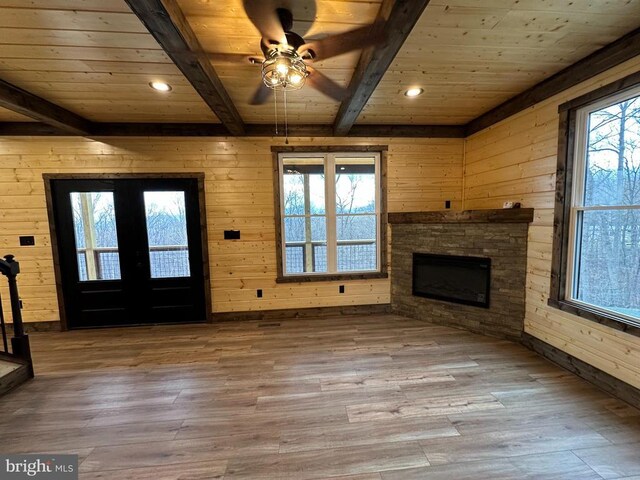 152 Susan Ln, Stanley, VA 22851 - unfurnished living room featuring wood ceiling, wood walls, a fireplace, beamed ceiling, and wood finished floors