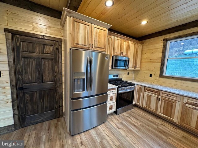 152 Susan Ln, Stanley, VA 22851 - kitchen featuring stainless steel appliances, wood ceiling, recessed lighting, light stone counters, and light wood-style floors