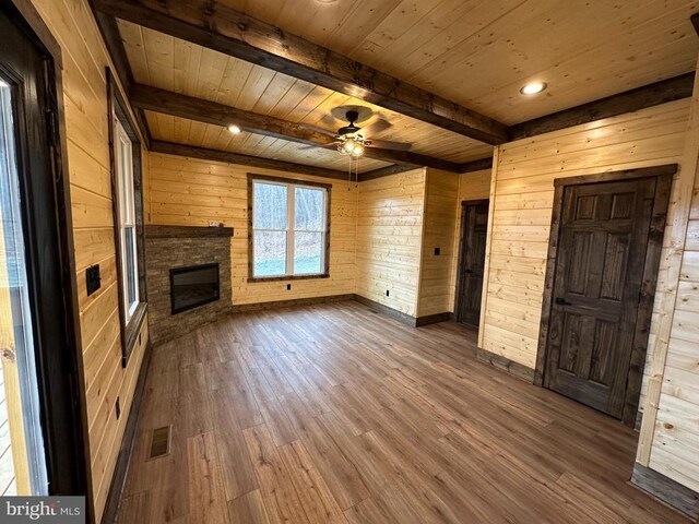152 Susan Ln, Stanley, VA 22851 - unfurnished living room featuring wood walls, wooden ceiling, wood finished floors, beam ceiling, and a stone fireplace