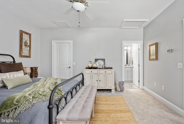 10605 Springvale Ln, Spotsylvania, VA 22551 - bedroom with attic access, carpet, baseboards, ensuite bathroom, and ceiling fan