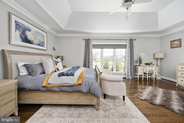 10605 Springvale Ln, Spotsylvania, VA 22551 - bedroom featuring a raised ceiling, wood finished floors, ornamental molding, a ceiling fan, and baseboards