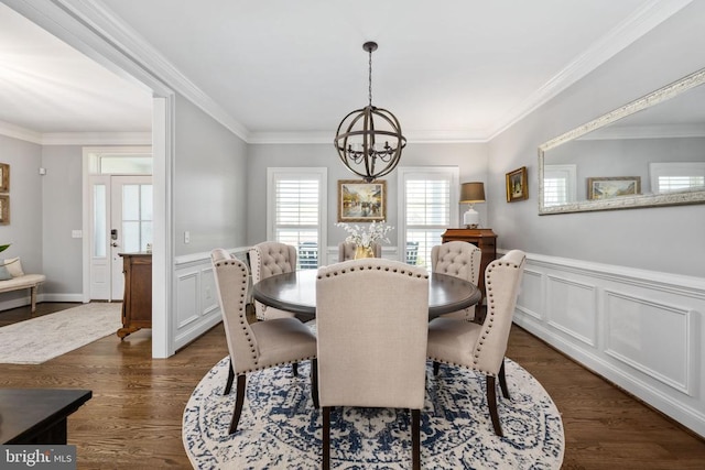 10605 Springvale Ln, Spotsylvania, VA 22551 - dining room with a chandelier, a wainscoted wall, dark wood-style flooring, and ornamental molding