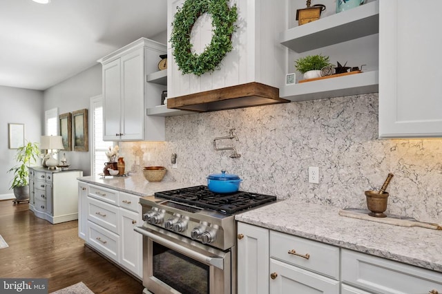 10605 Springvale Ln, Spotsylvania, VA 22551 - kitchen featuring open shelves, gas range, white cabinets, decorative backsplash, and dark wood-style floors