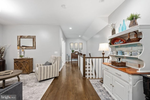 10605 Springvale Ln, Spotsylvania, VA 22551 - hallway featuring dark wood finished floors, recessed lighting, baseboards, and an upstairs landing