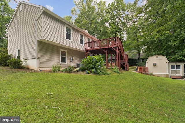 10804 Cobblestone Dr, Spotsylvania, VA 22553 - back of property featuring a wooden deck, a storage shed, a yard, and stairs