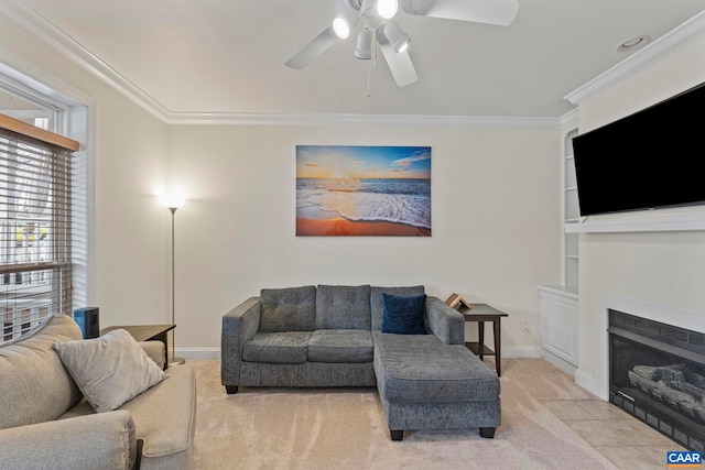 1103 Druid Ave Unit D, Charlottesville, VA 22902 - living area featuring a ceiling fan, crown molding, carpet, a fireplace with flush hearth, and baseboards