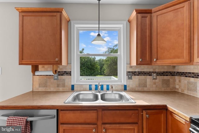 17417 Hawthorne Ave, Culpeper, VA 22701 - kitchen with backsplash, dishwasher, decorative light fixtures, and brown cabinets